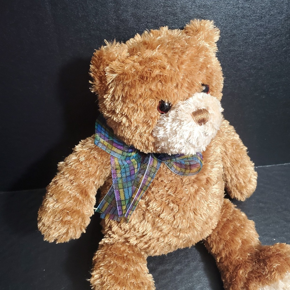 GUND Dylan 12" Teddy Bear Plush Brown Tan Sitting‎ Green Plaid Bow Animal 15102